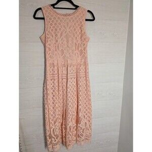 VEIISAR Pink Eyelet Lace Dress Medium Boho Romantic Wedding Guest Sleeveless